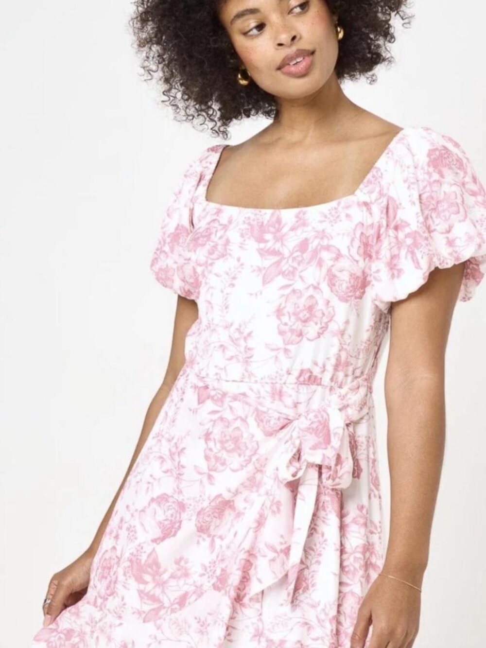 Trixxi Pink Toile Mini Dress With Puffy Sleeves Floral Pattern XS White Pink